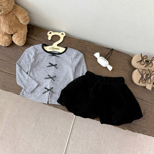 2-Pieces Grey Ribbed Bow and Black Velvet Short