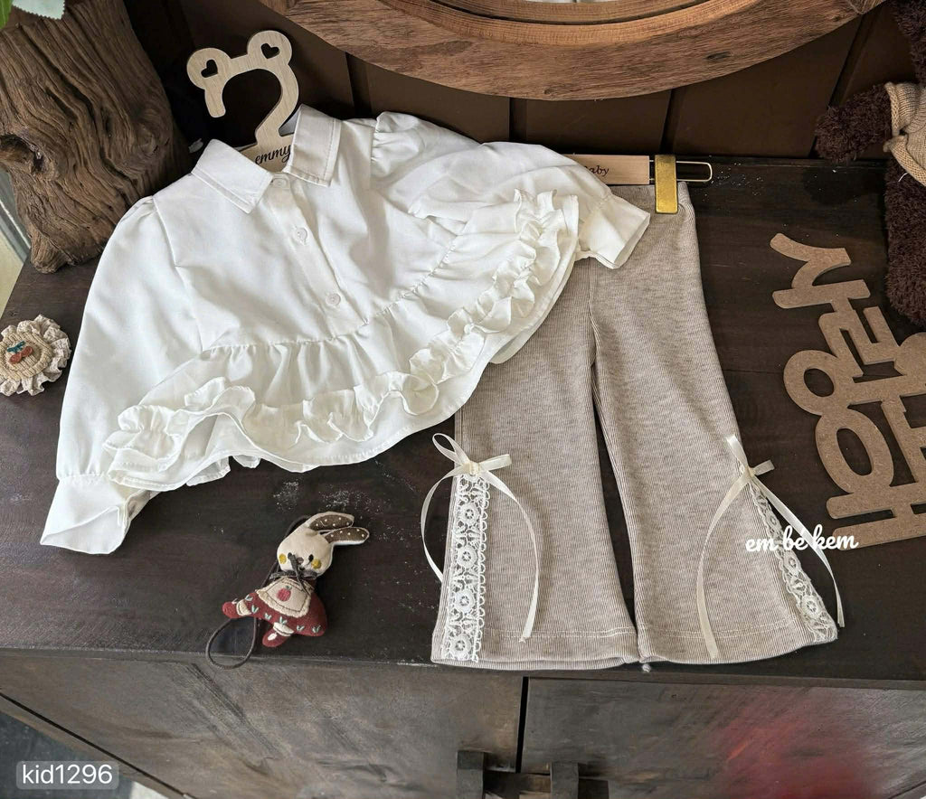 2- Pieces White Tiered Ruffle Blouse and Ribbed Flare Pants