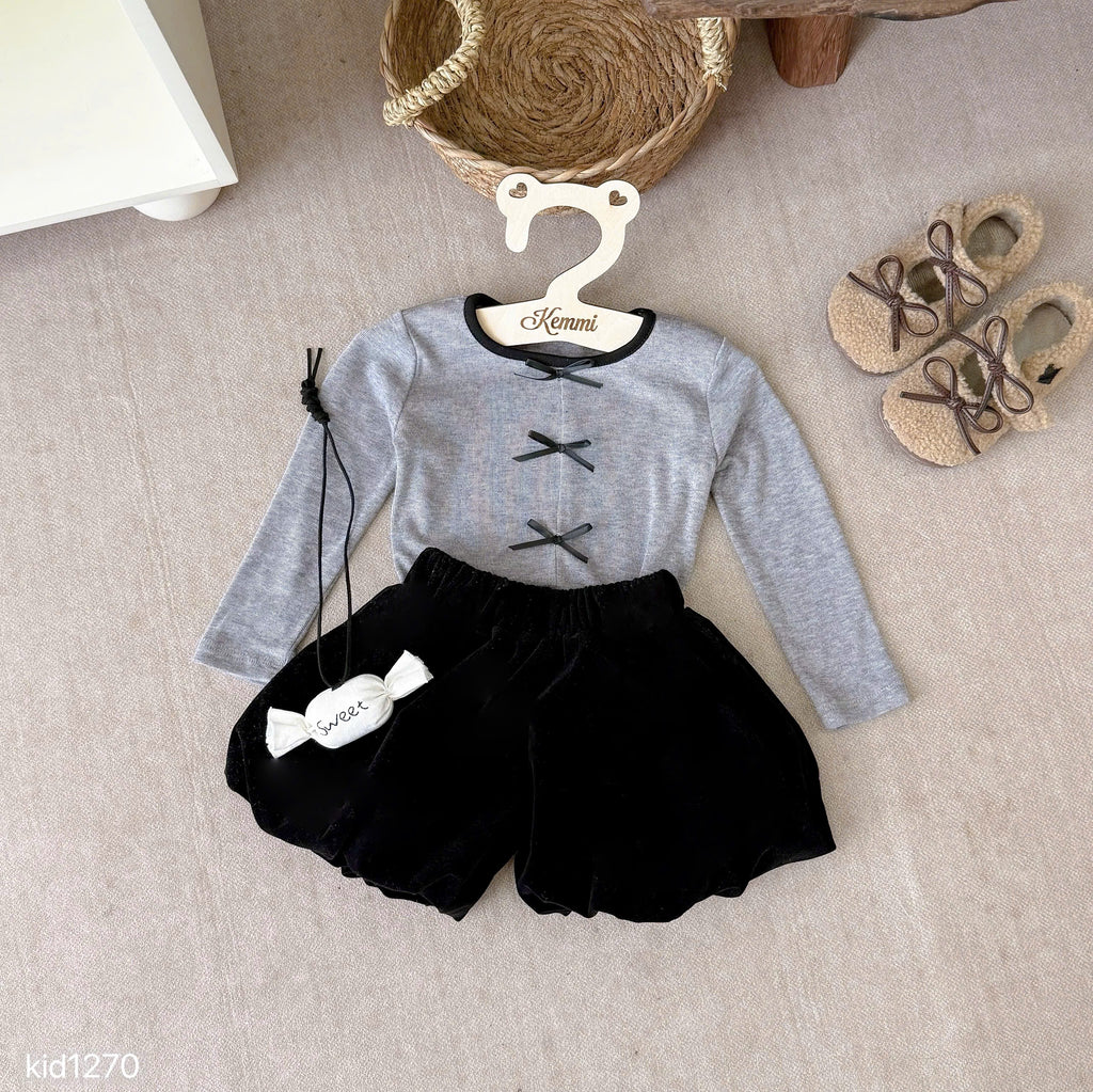 2-Pieces Grey Ribbed Bow and Black Velvet Short