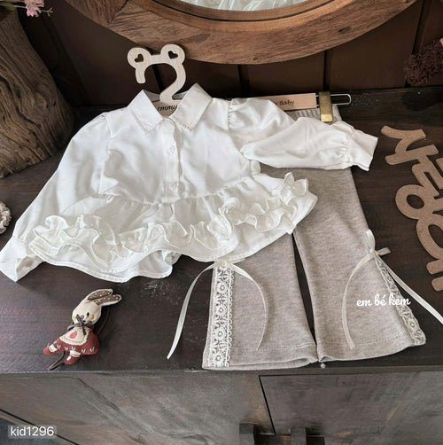 2- Pieces White Tiered Ruffle Blouse and Ribbed Flare Pants