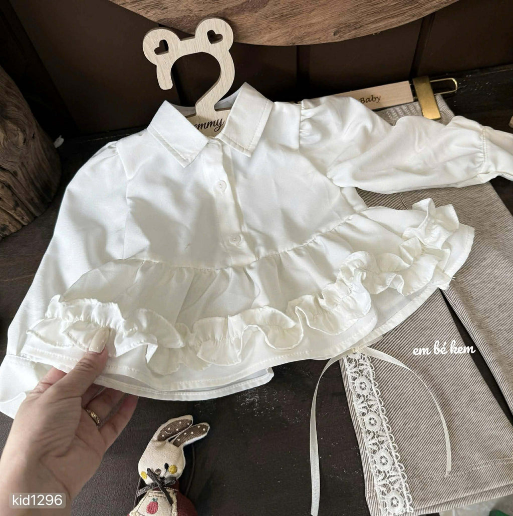 2- Pieces White Tiered Ruffle Blouse and Ribbed Flare Pants